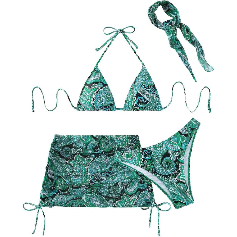imageSHENHE Womens 4 Piece Paisley Swimsuit Halter Tie Back Sexy Triangle Bikini Sets with Cover UpGreen