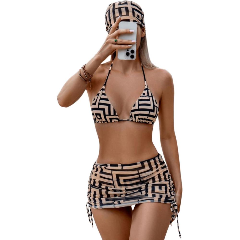 imageSHENHE Womens 4 Piece Paisley Swimsuit Halter Tie Back Sexy Triangle Bikini Sets with Cover UpKhaki Geo Print