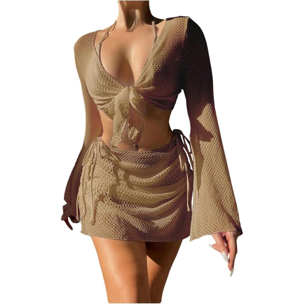 imageSHENHE Womens 4 Piece Swimsuit Fishnet Triangle Halter String Bikini Set with Cover Up Top SkirtCoffee Brown