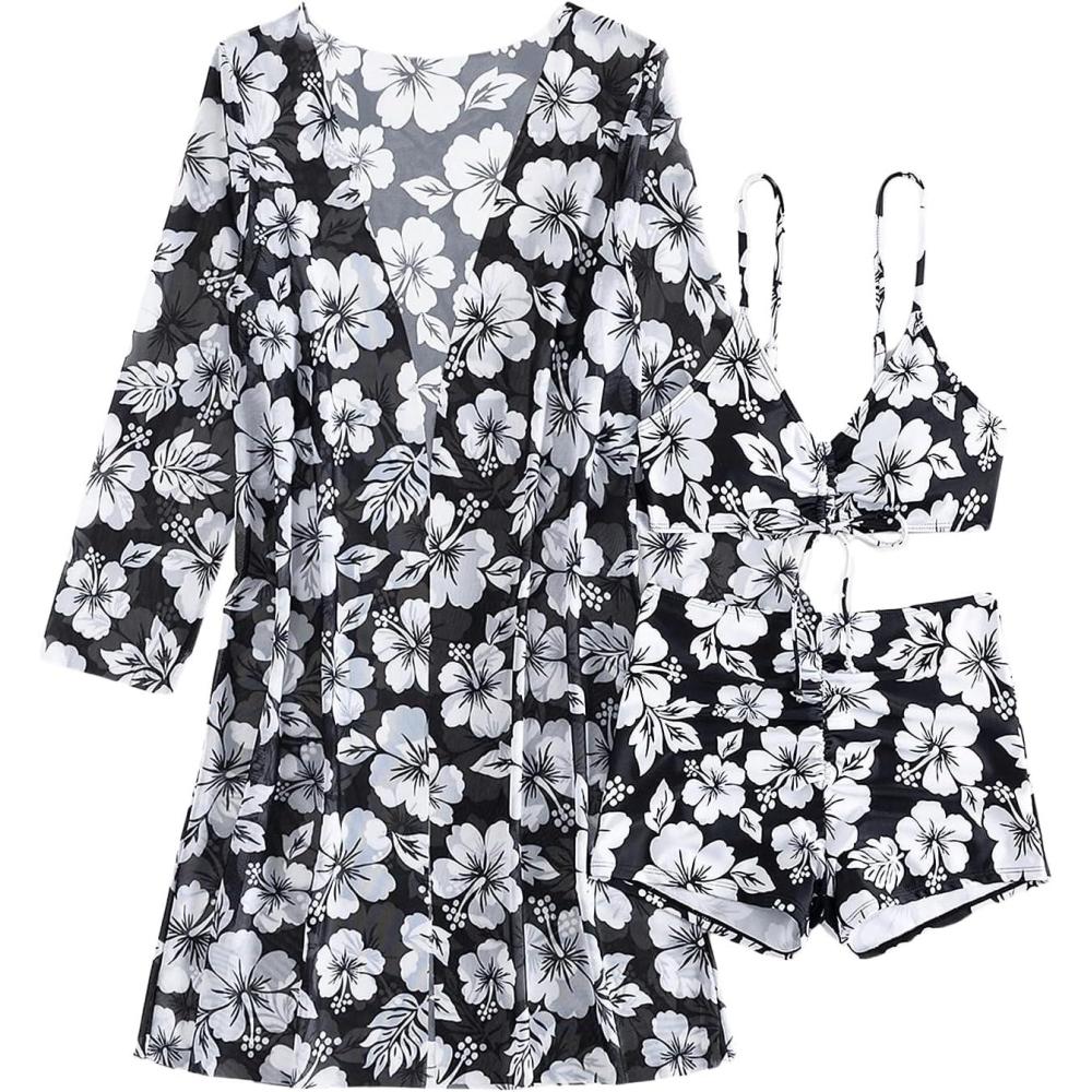 imageSHENHE Womens Floral 3 Piece Swimsuits High Waisted Boyshort Bikini Set with Kimono Cover UpBlack and White