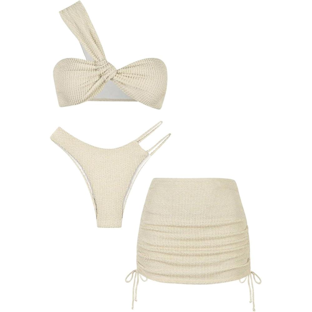 imageSHENHE Womens One Shoulder Twisted High Cut 3 Piece Bandeau Bikini Set with Cover Up SkirtBeige