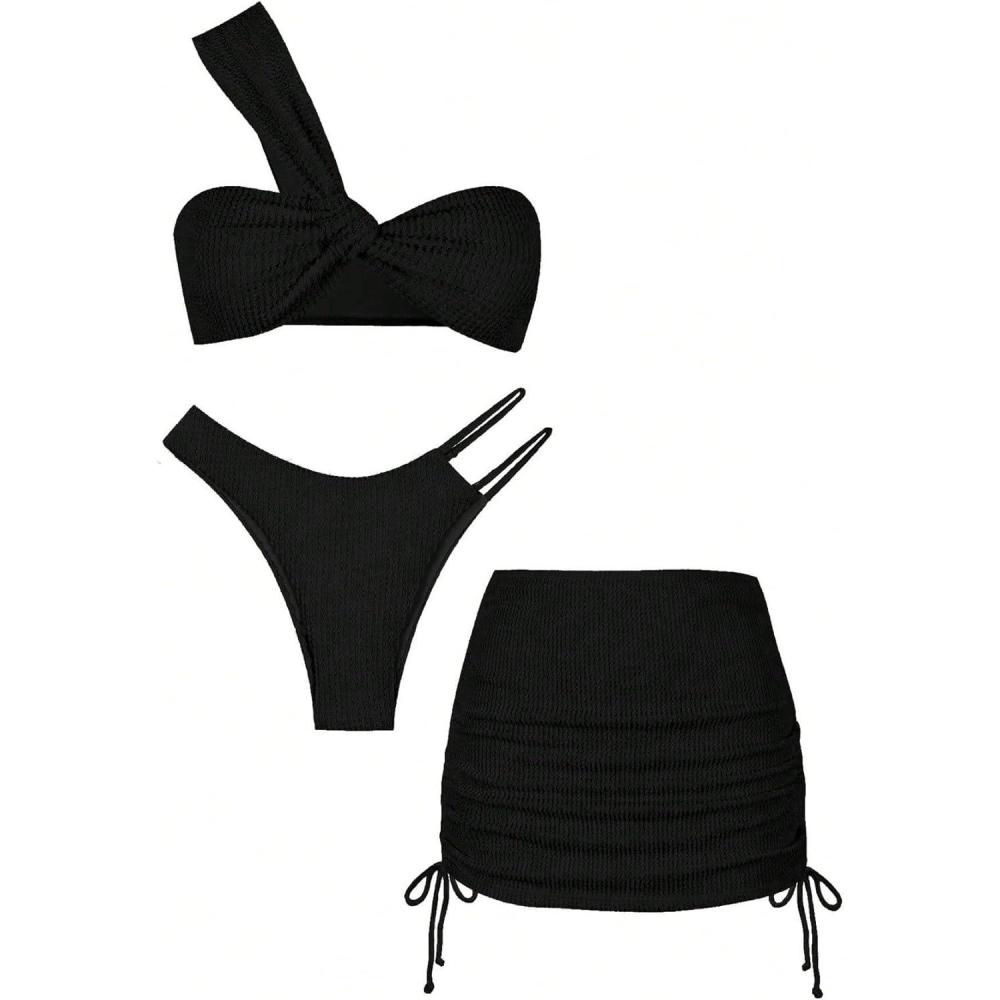 imageSHENHE Womens One Shoulder Twisted High Cut 3 Piece Bandeau Bikini Set with Cover Up SkirtBlack