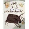 imageSHENHE Womens 3 Piece Bikini Set Shell Decor Halter Bra and Bottom with Cover Up SkirtFishnet Brown