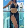 imageSHENHE Womens 3 Piece Halter Swimsuit Metal Ring Cheeky Bikini Set with Long Cover Up SkirtBlack