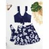 imageSHENHE Womens 3 Piece Swimsuit Knotted Ruffle High Cut Bikini Set with Cover Up SkirtDark Blue