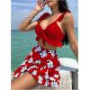imageSHENHE Womens 3 Piece Swimsuit Knotted Ruffle High Cut Bikini Set with Cover Up SkirtRed