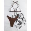 imageSHENHE Womens 3 Piece Textured High Cut Halter Triangle Bikini Swimsuit with Cover UpPlant Print Brown