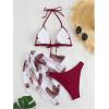 imageSHENHE Womens 3 Piece Textured High Cut Halter Triangle Bikini Swimsuit with Cover UpPlant Print Burgundy