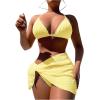 imageSHENHE Womens 3 Piece Textured High Cut Halter Triangle Bikini Swimsuit with Cover UpYellow Plain