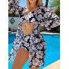 imageSHENHE Womens Floral 3 Piece Swimsuits High Waisted Boyshort Bikini Set with Kimono Cover UpBlack and White
