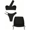 imageSHENHE Womens One Shoulder Twisted High Cut 3 Piece Bandeau Bikini Set with Cover Up SkirtBlack
