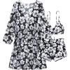 imageSHENHE Womens Floral 3 Piece Swimsuits High Waisted Boyshort Bikini Set with Kimono Cover UpBlack and White