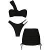 imageSHENHE Womens One Shoulder Twisted High Cut 3 Piece Bandeau Bikini Set with Cover Up SkirtBlack