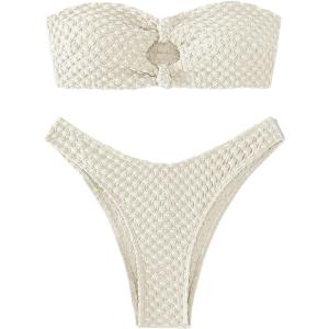 imageSHENHE Womens 2 Piece Strapless Cut Out Bandeau Swimsuit Bathing Suit Bikini SetsTextured Beige