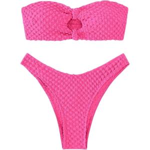imageSHENHE Womens 2 Piece Strapless Cut Out Bandeau Swimsuit Bathing Suit Bikini SetsTextured Hot Pink