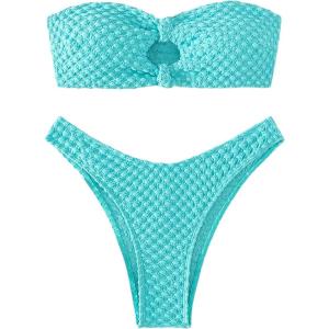 imageSHENHE Womens 2 Piece Strapless Cut Out Bandeau Swimsuit Bathing Suit Bikini SetsTextured Mint Blue