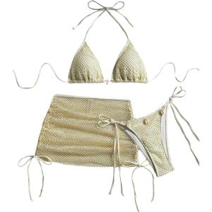 imageSHENHE Womens 3 Piece Bikini Set Shell Decor Halter Bra and Bottom with Cover Up SkirtFishnet Apricot
