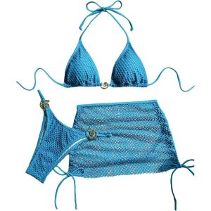 imageSHENHE Womens 3 Piece Bikini Set Shell Decor Halter Bra and Bottom with Cover Up SkirtFishnet Blue