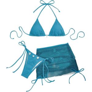 imageSHENHE Womens 3 Piece Bikini Set Shell Decor Halter Bra and Bottom with Cover Up SkirtFishnet Blue a