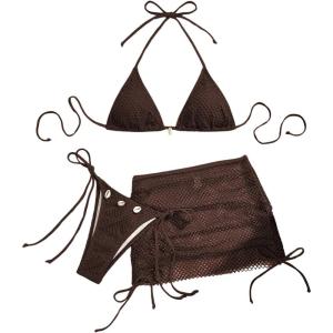 imageSHENHE Womens 3 Piece Bikini Set Shell Decor Halter Bra and Bottom with Cover Up SkirtFishnet Brown