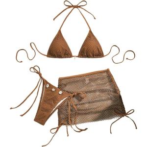 imageSHENHE Womens 3 Piece Bikini Set Shell Decor Halter Bra and Bottom with Cover Up SkirtFishnet Coffee Brown