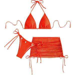 imageSHENHE Womens 3 Piece Bikini Set Shell Decor Halter Bra and Bottom with Cover Up SkirtFishnet Orange