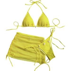 imageSHENHE Womens 3 Piece Bikini Set Shell Decor Halter Bra and Bottom with Cover Up SkirtFishnet Yellow