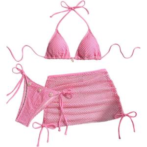 imageSHENHE Womens 3 Piece Bikini Set Shell Decor Halter Bra and Bottom with Cover Up SkirtLight Pink