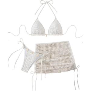 imageSHENHE Womens 3 Piece Bikini Set Shell Decor Halter Bra and Bottom with Cover Up SkirtWhite