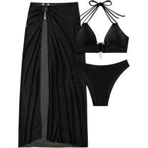 imageSHENHE Womens 3 Piece Halter Swimsuit Metal Ring Cheeky Bikini Set with Long Cover Up SkirtBlack