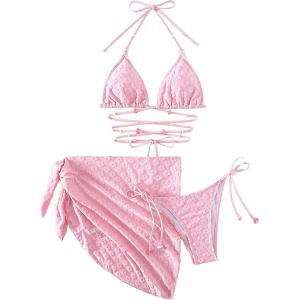 imageSHENHE Womens 3 Piece Swimsuit Halter Tie Side Cute Triangle Bikini Set with Beach SkirtLight Pink