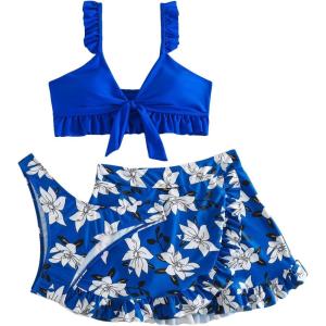 imageSHENHE Womens 3 Piece Swimsuit Knotted Ruffle High Cut Bikini Set with Cover Up SkirtBlue