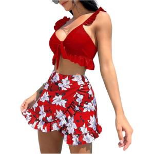imageSHENHE Womens 3 Piece Swimsuit Knotted Ruffle High Cut Bikini Set with Cover Up SkirtRed