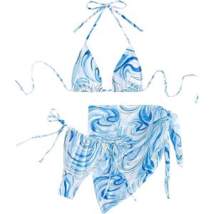 imageSHENHE Womens 3 Piece Swimsuits with Sarong Cover Up Halter Triangle String Bikini SetBlue and White