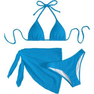imageSHENHE Womens 3 Piece Textured High Cut Halter Triangle Bikini Swimsuit with Cover UpAzure Blue