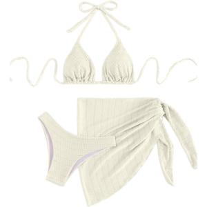 imageSHENHE Womens 3 Piece Textured High Cut Halter Triangle Bikini Swimsuit with Cover UpBeige a