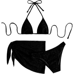 imageSHENHE Womens 3 Piece Textured High Cut Halter Triangle Bikini Swimsuit with Cover UpBlack