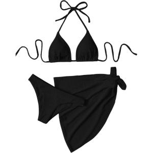 imageSHENHE Womens 3 Piece Textured High Cut Halter Triangle Bikini Swimsuit with Cover UpBlack Plain