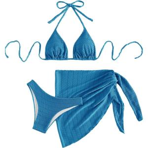 imageSHENHE Womens 3 Piece Textured High Cut Halter Triangle Bikini Swimsuit with Cover UpBlue