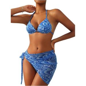 imageSHENHE Womens 3 Piece Textured High Cut Halter Triangle Bikini Swimsuit with Cover UpBlue a