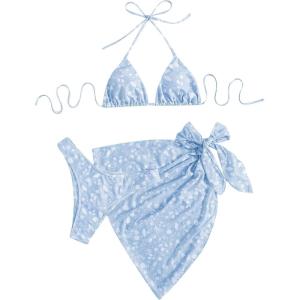 imageSHENHE Womens 3 Piece Textured High Cut Halter Triangle Bikini Swimsuit with Cover UpBlue and White