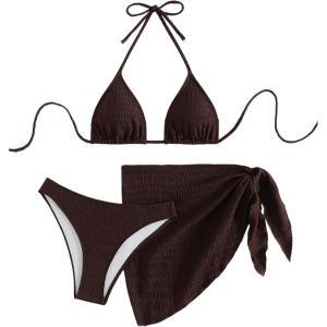 imageSHENHE Womens 3 Piece Textured High Cut Halter Triangle Bikini Swimsuit with Cover UpBrown