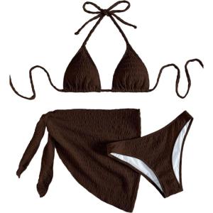 imageSHENHE Womens 3 Piece Textured High Cut Halter Triangle Bikini Swimsuit with Cover UpChocolate Brown