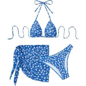 imageSHENHE Womens 3 Piece Textured High Cut Halter Triangle Bikini Swimsuit with Cover UpFloral Blue White