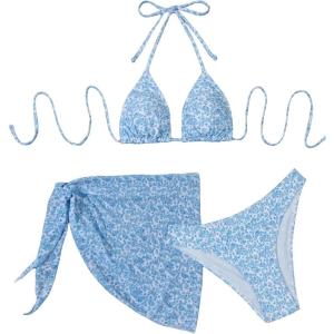 imageSHENHE Womens 3 Piece Textured High Cut Halter Triangle Bikini Swimsuit with Cover UpFloral Light Blue