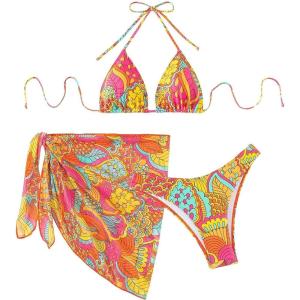imageSHENHE Womens 3 Piece Textured High Cut Halter Triangle Bikini Swimsuit with Cover UpFloral Pink Multi