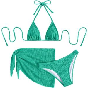 imageSHENHE Womens 3 Piece Textured High Cut Halter Triangle Bikini Swimsuit with Cover UpGreen