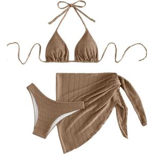 imageSHENHE Womens 3 Piece Textured High Cut Halter Triangle Bikini Swimsuit with Cover UpKhaki