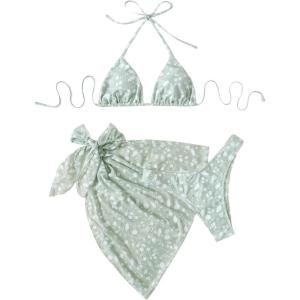 imageSHENHE Womens 3 Piece Textured High Cut Halter Triangle Bikini Swimsuit with Cover UpLight Green