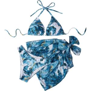 imageSHENHE Womens 3 Piece Textured High Cut Halter Triangle Bikini Swimsuit with Cover UpMarble Print Blue Multi